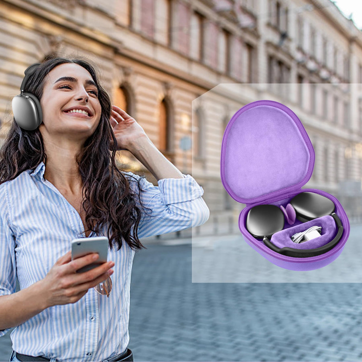 co2CREA purple case on suitcase in travel scene showing protection during trips