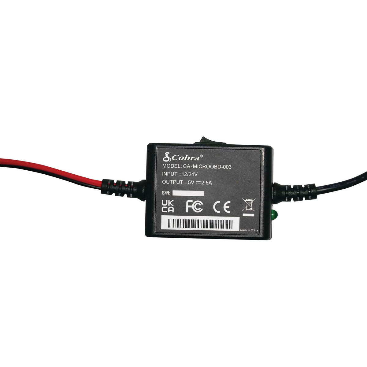 Cobra hardwire kit micro-USB plug detail for direct dash cam connection and convenience