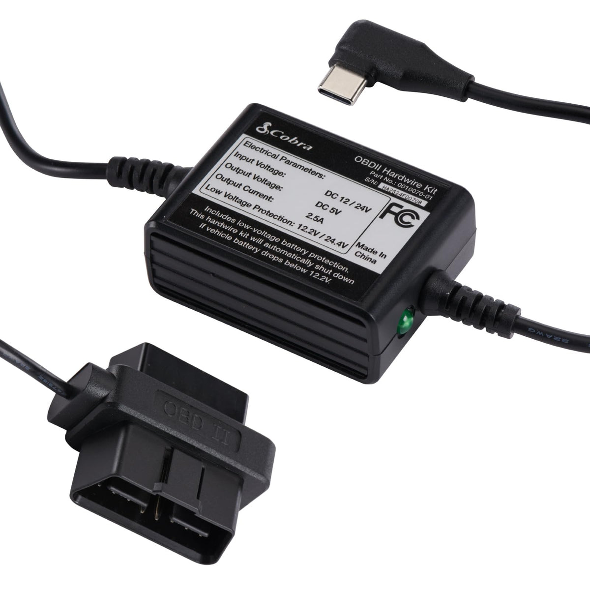 Cobra OBD-II connector close-up showing robust fit and secure vehicle connection