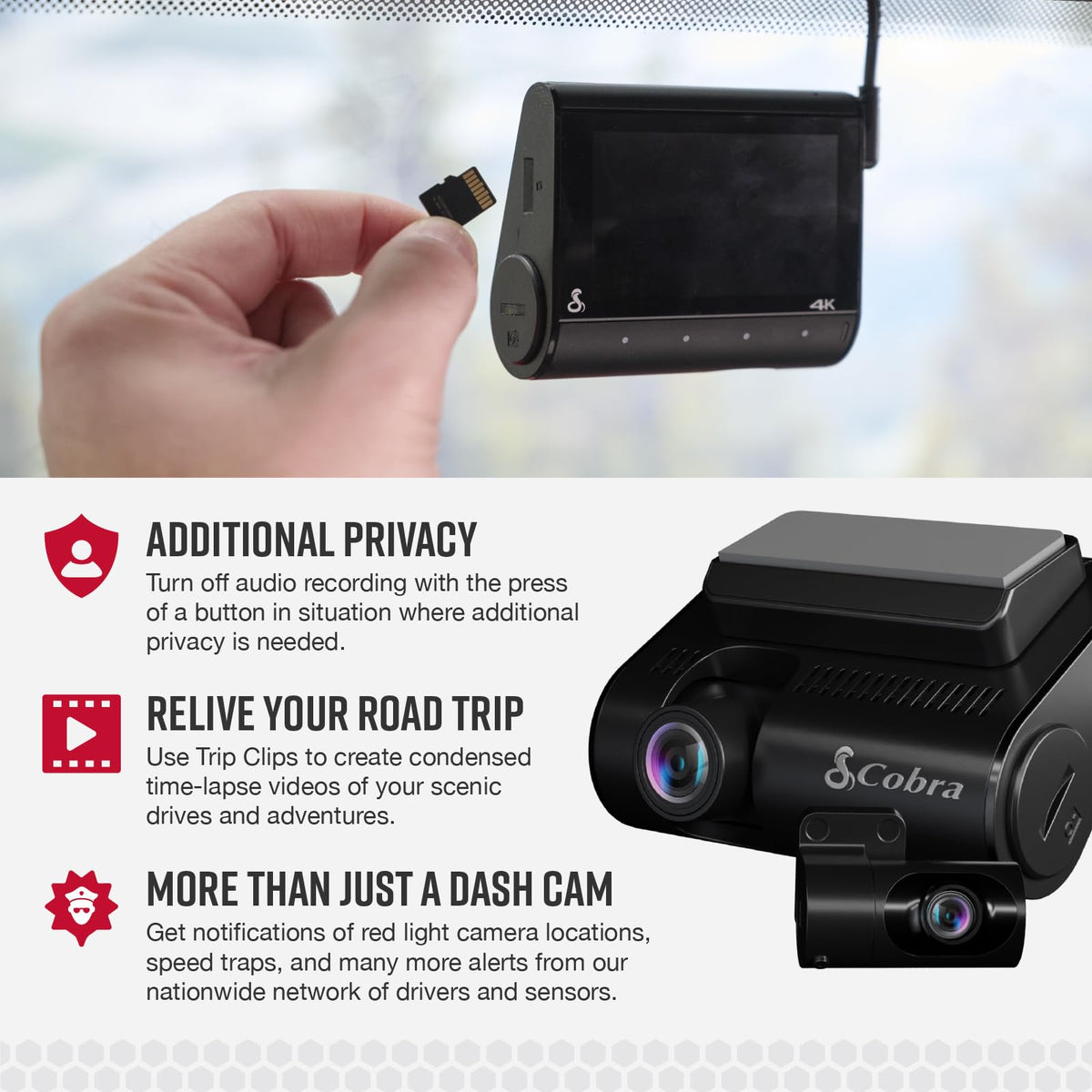 Cobra SC 250R parking live view enables remote security checks anytime.