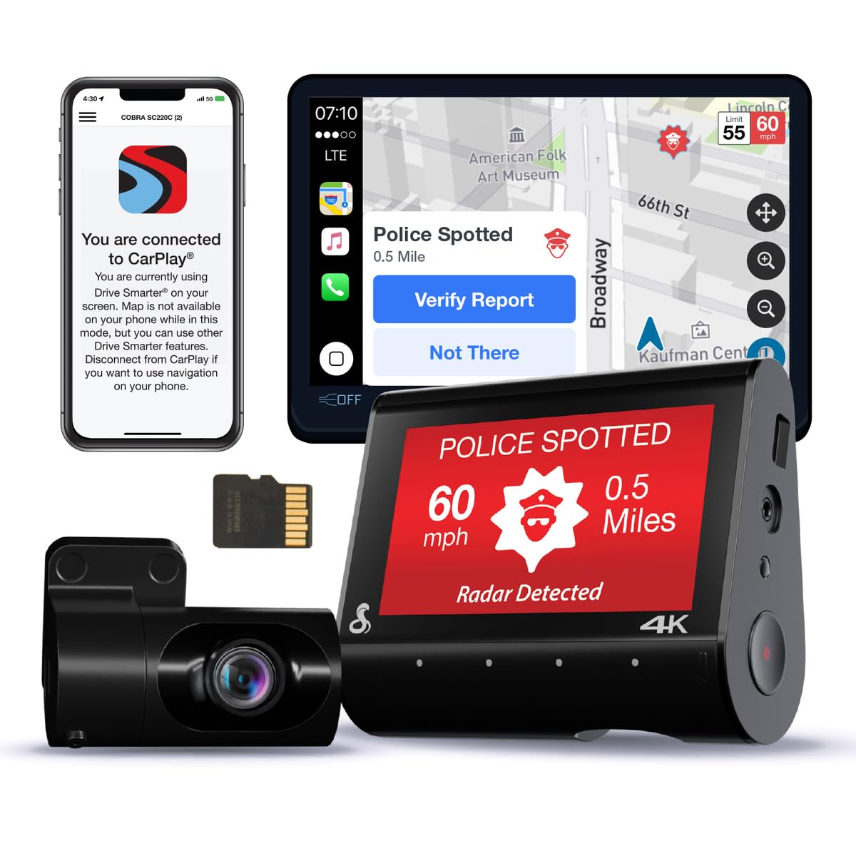 Cobra SC 250R front camera delivers true 4K clarity for clear license plate capture.