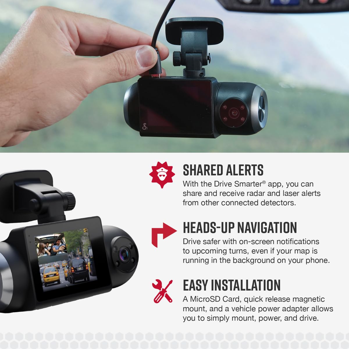 Cobra SC 201 real-time alerts integrate with Drive Smarter app for safer routing