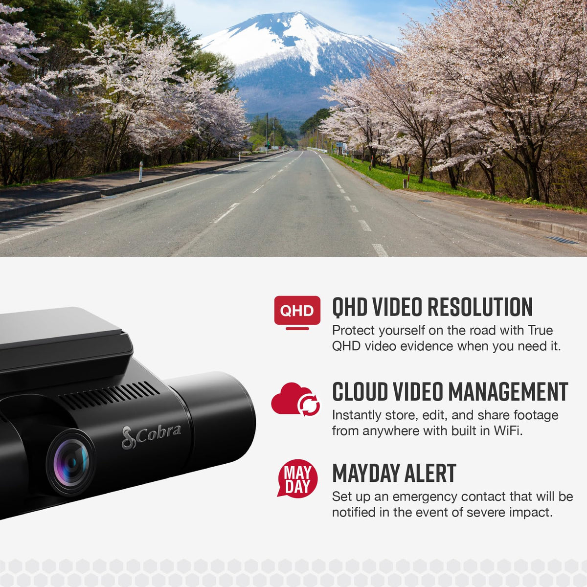 Cobra SC 220C front camera view provides real-time road footage.