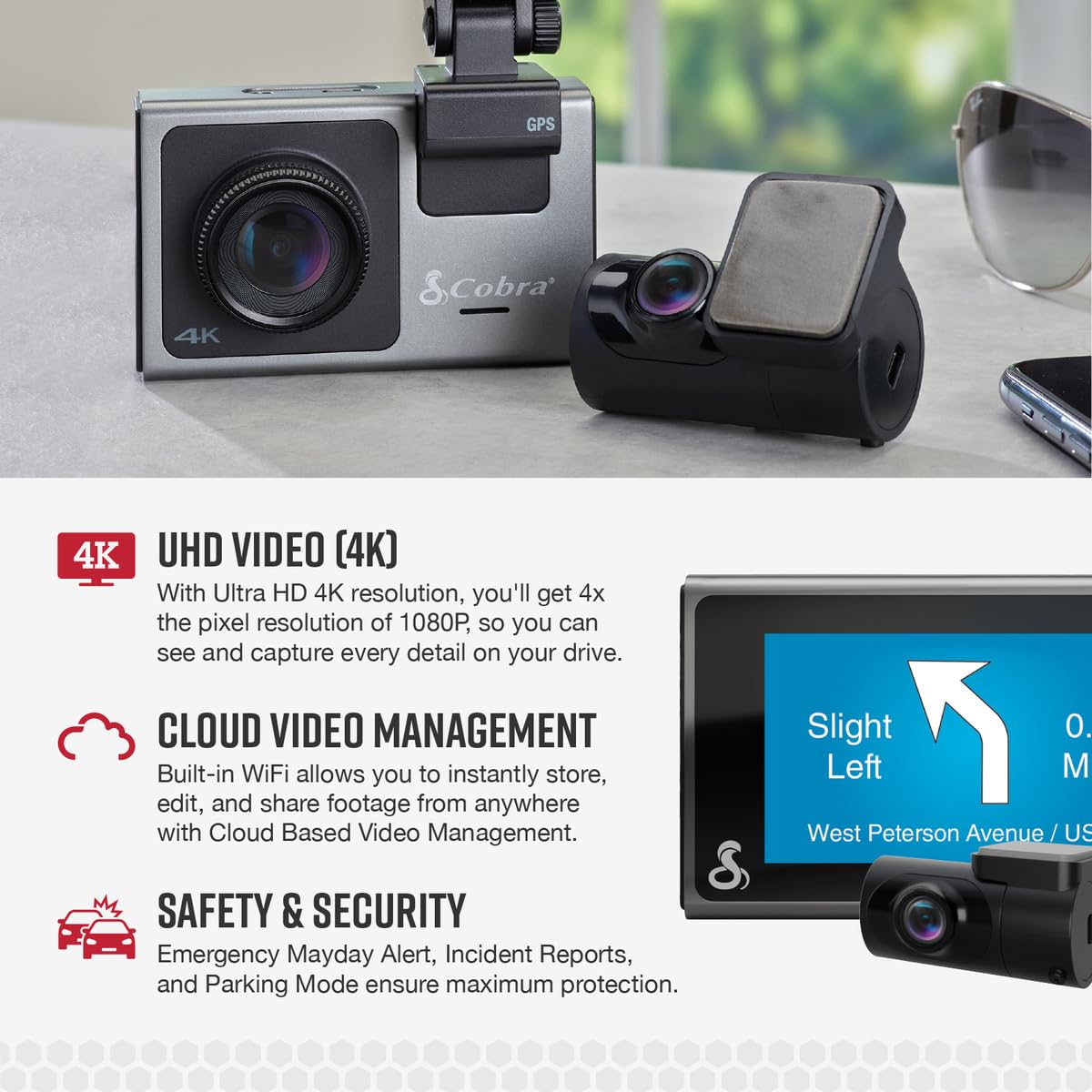 Cobra SC 400D cabin camera option records inside the vehicle for context.