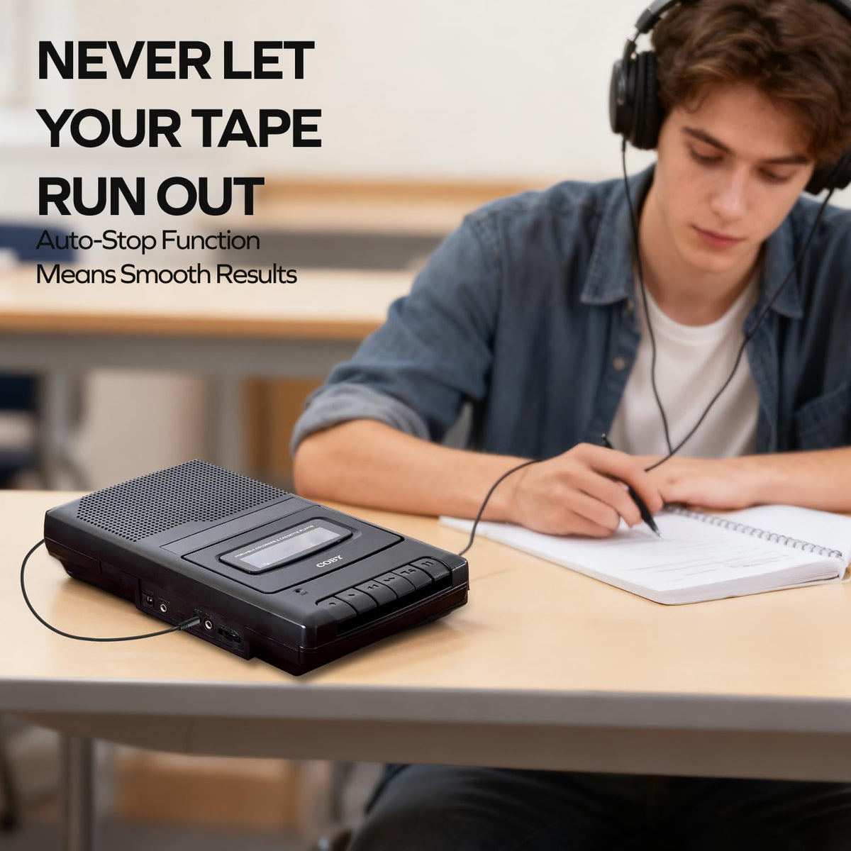 Coby connected via aux cable to smartphone for playing external audio through recorder