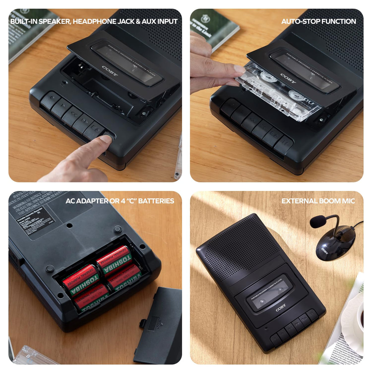 Coby rear jack panel showing speaker, aux input and headphone port for flexible listening