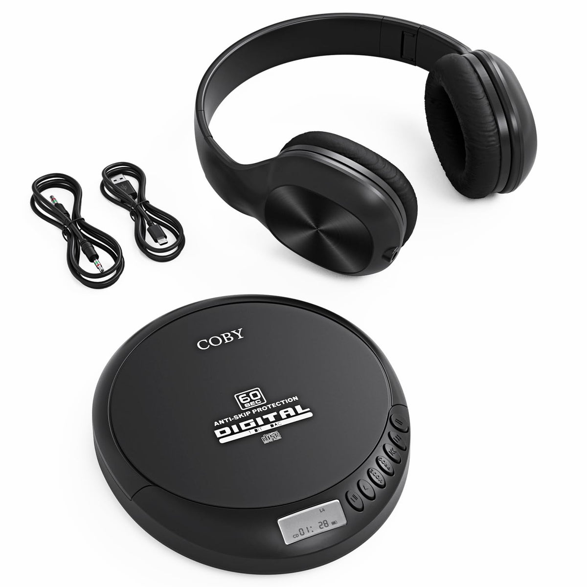 Coby foldable wired headphones stowed for compact travel convenience