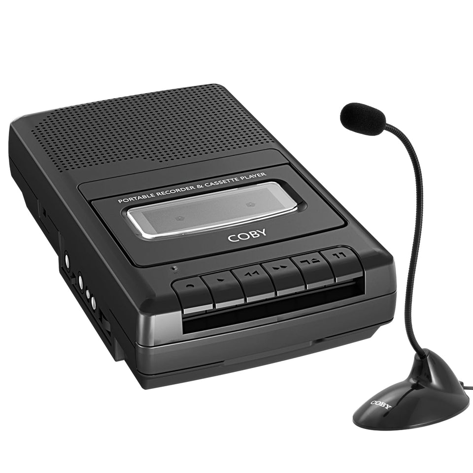 Coby front view of retro shoebox recorder showing controls and cassette door, easy operation