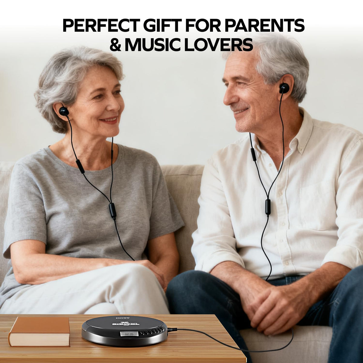 Coby placed on car seat for travel use and FM radio access