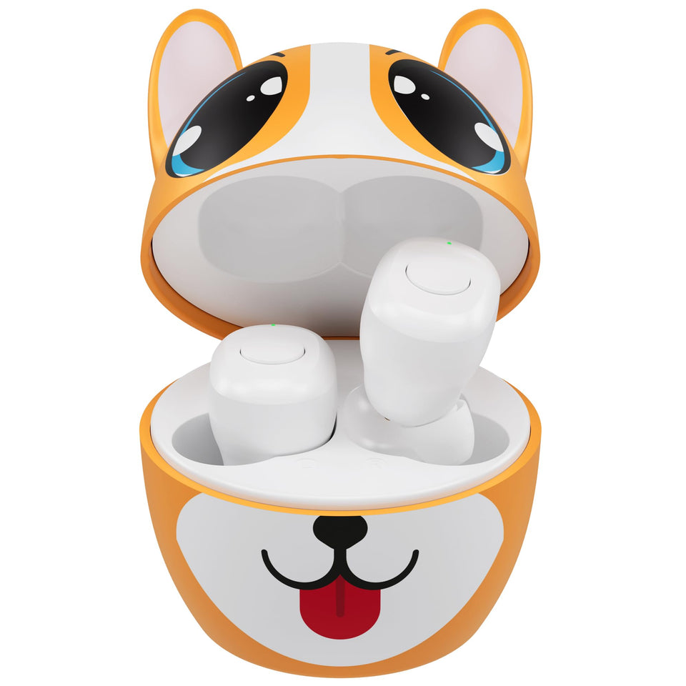 Coby Kids wireless earbuds with corgi case, ideal for kid-friendly charging on the go.