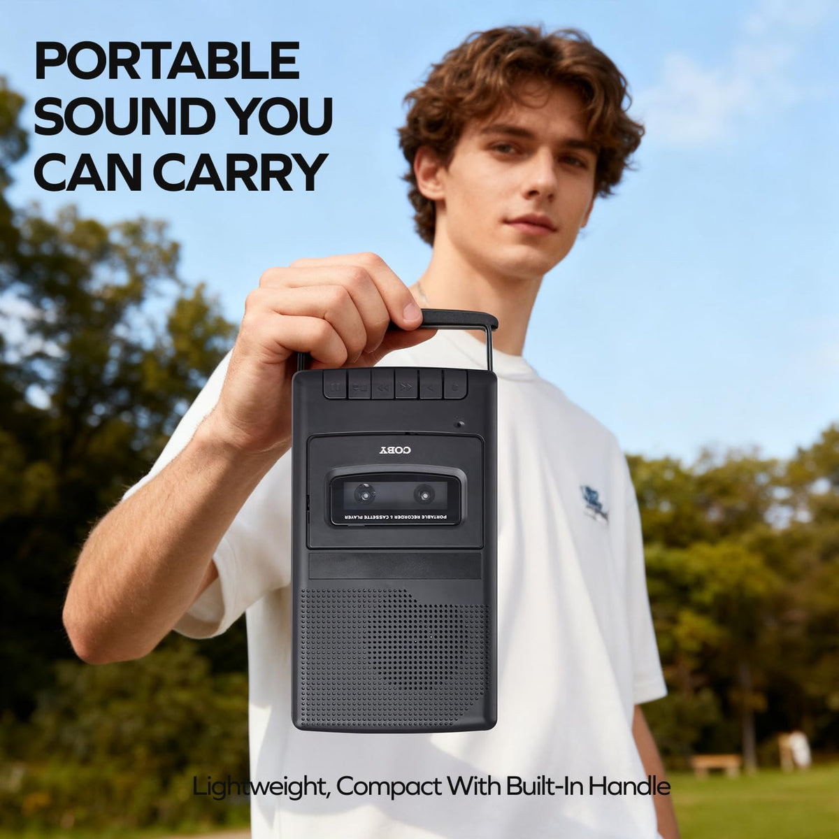 Coby placed on living room table with cassette inserted showing casual home listening
