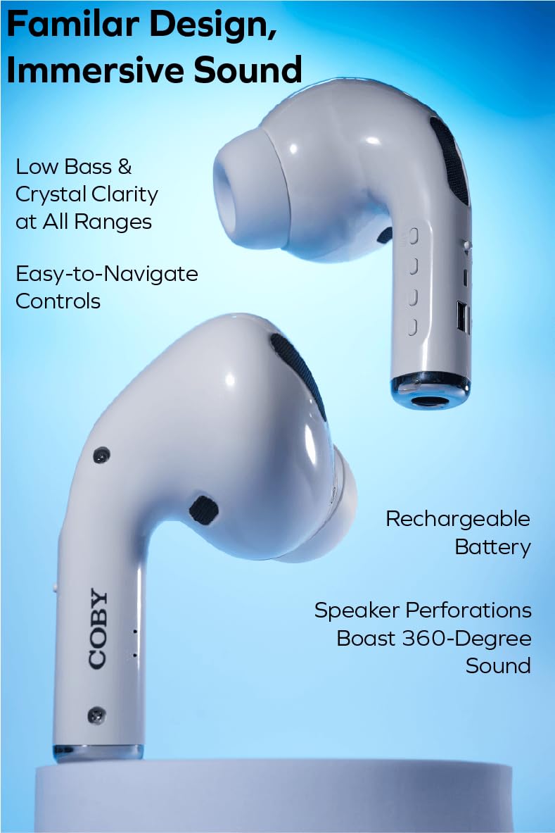 Coby speaker in café scene for travel-friendly listening on the go