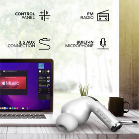 Coby speaker on desk by laptop delivering clear sound for work