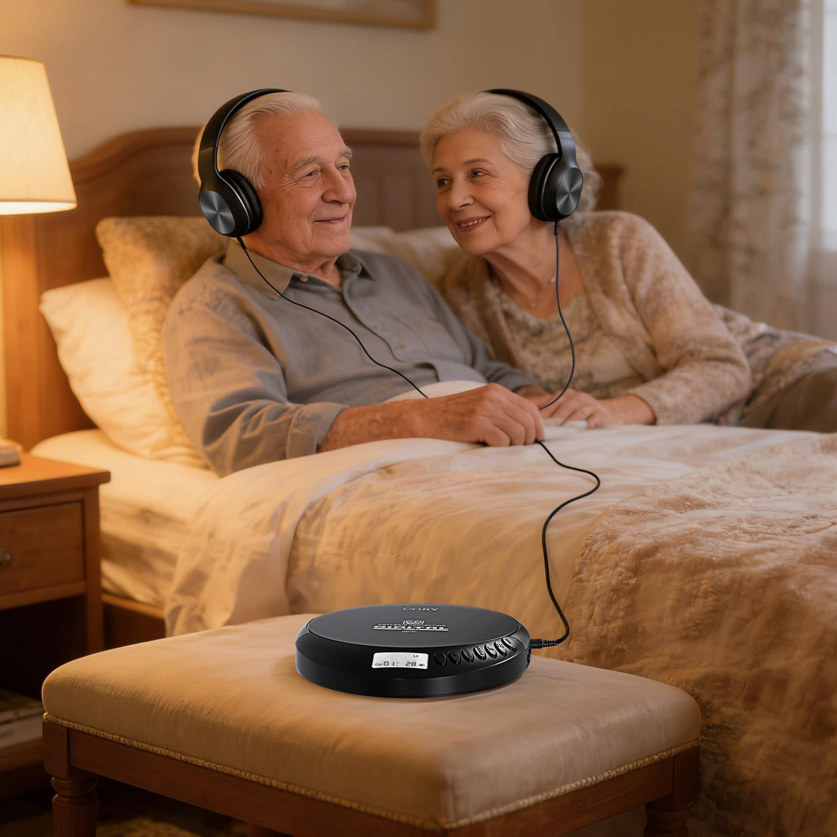 Coby player held in hand to show compact size and travel-friendly benefit