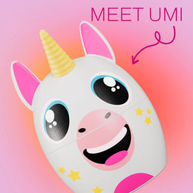 Coby unicorn charging case open with earbuds and quick-charge benefit