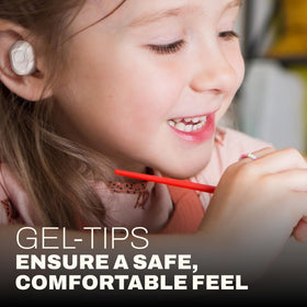 Coby earbud close-up gel tip showing comfortable fit for kids