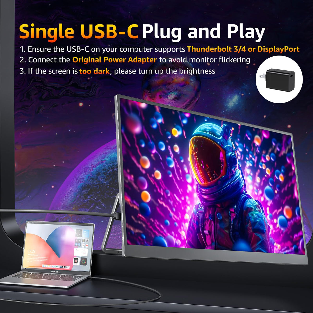 Cocopar 18.5-inch side-ports view highlights easy USB-C and HDMI connections