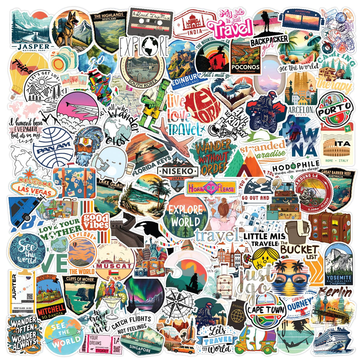 CodersParadise World Travel Stickers showcase iconic landmarks for luggage personalization.