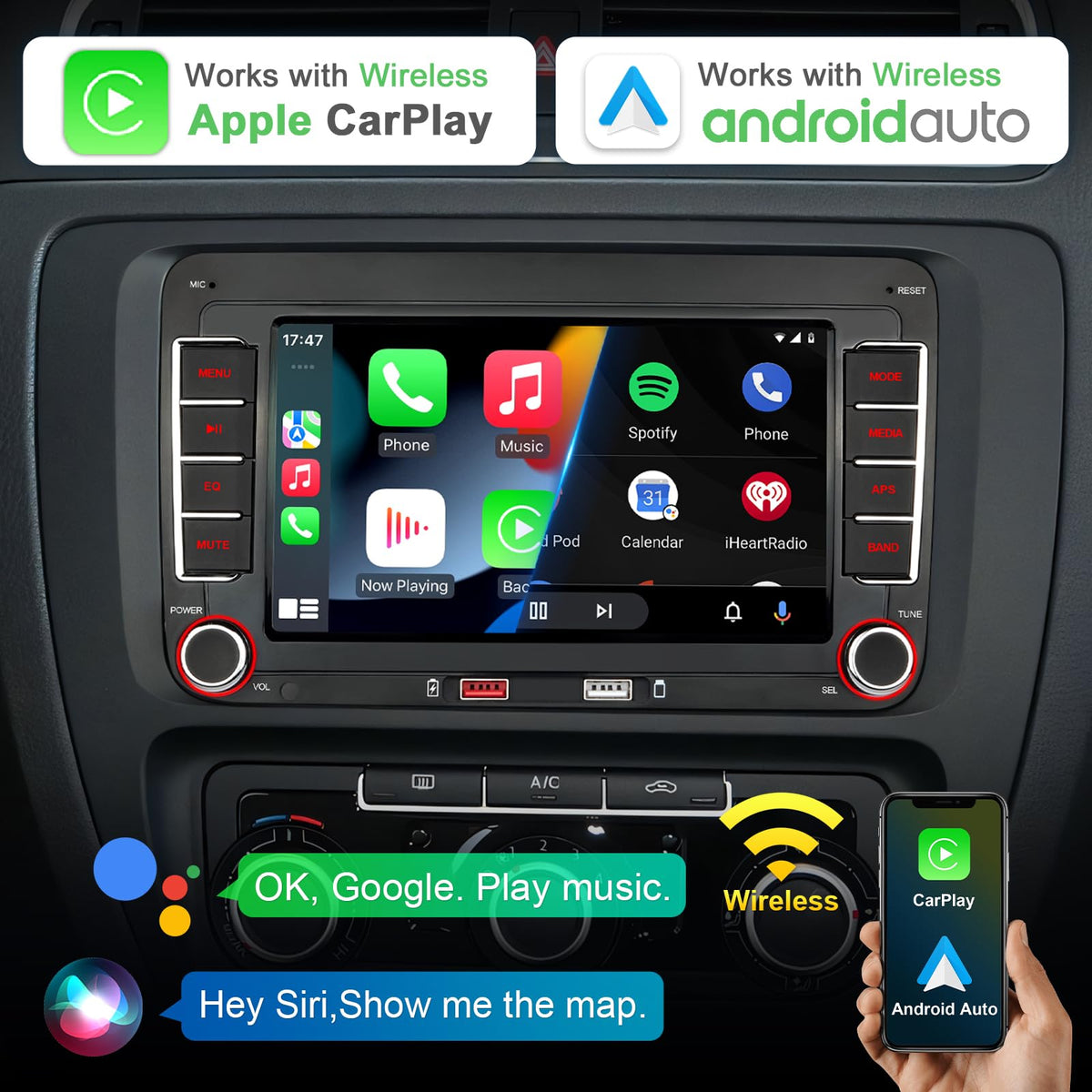 Cogamichi wireless CarPlay and Android Auto enable hands-free driving.