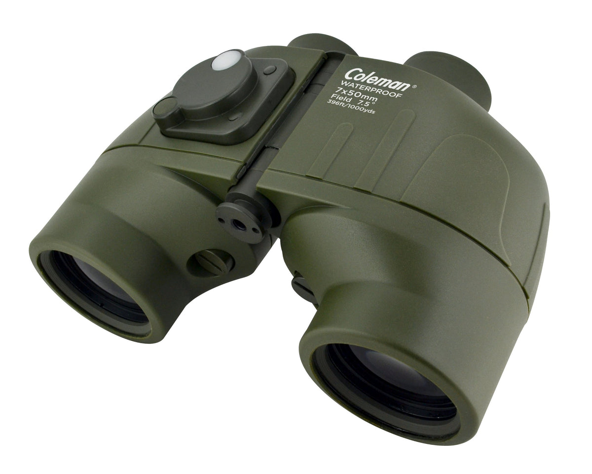 Coleman CS750WPIF Signature 7x50 binoculars with built-in compass for reliable marine navigation.