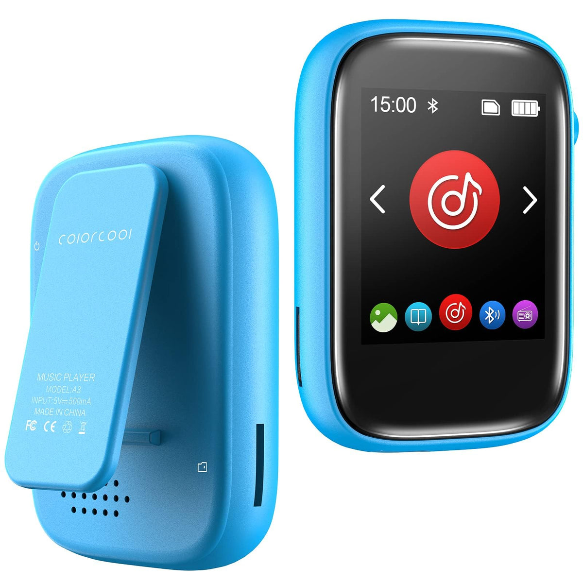 Colorcool MP3 blue clip-on design for secure hands-free listening during workouts.