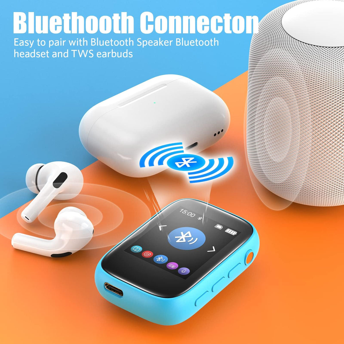 Colorcool MP3 Bluetooth 5.3 enables quick wireless pairing with speakers and headphones.
