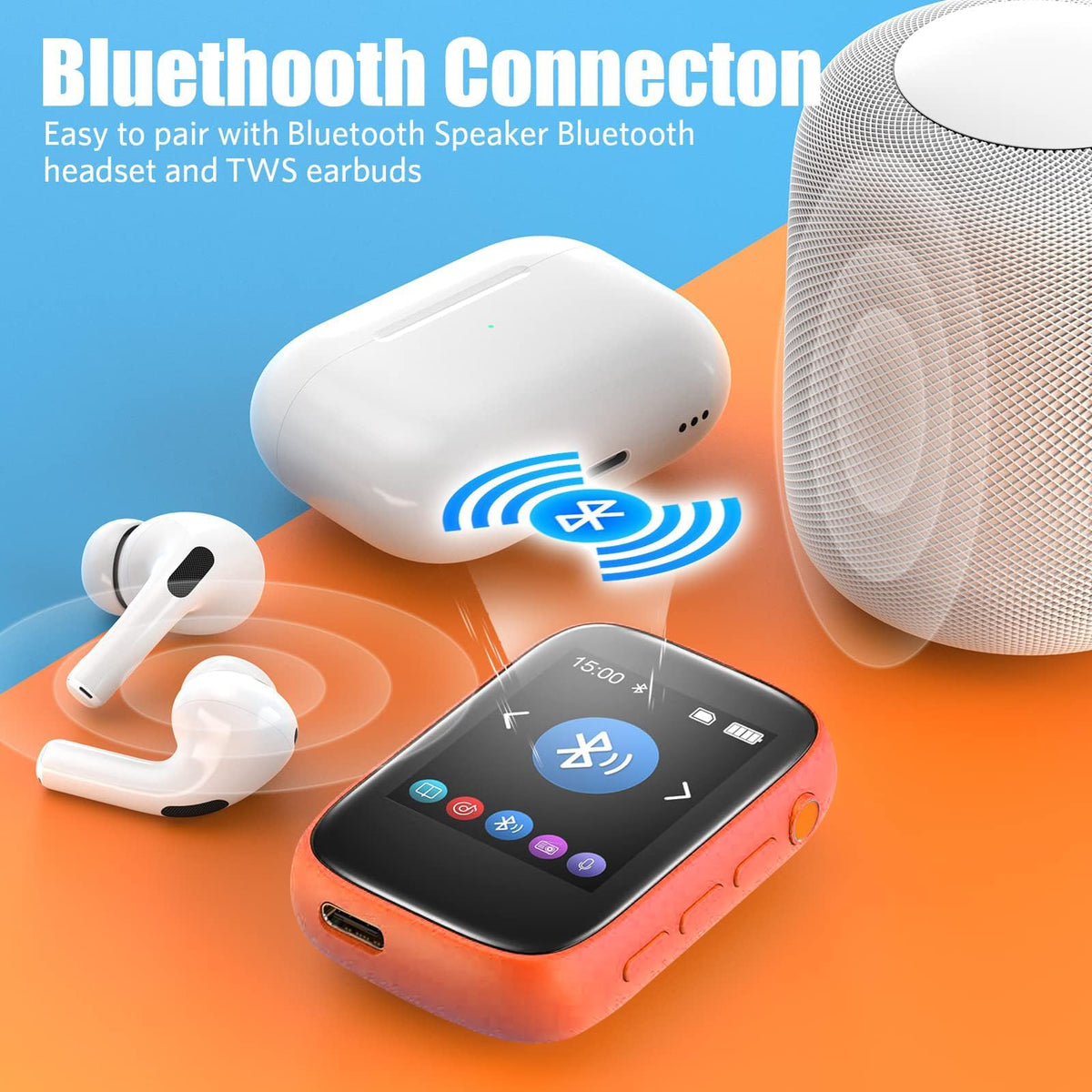 Colorcool MP3 Player showing Bluetooth 5.3 connection to headphones.