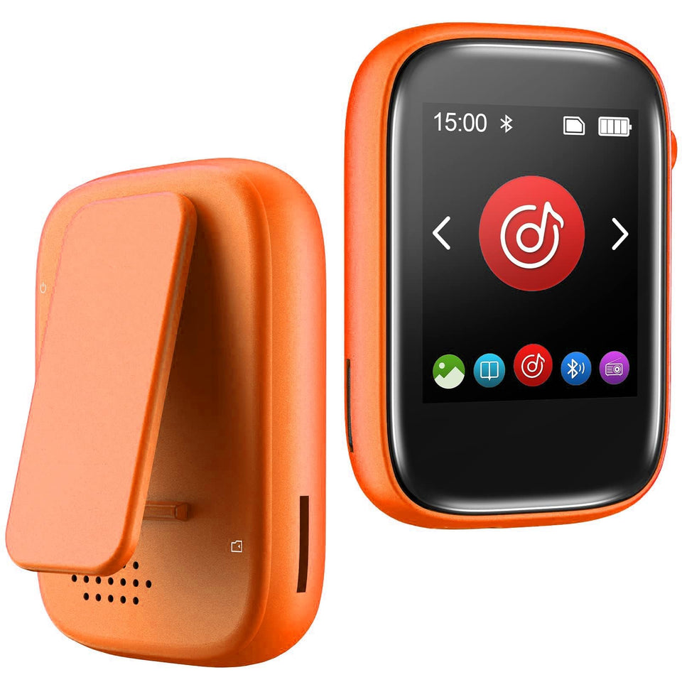 Colorcool MP3 Player with clip-on design in orange for workouts.