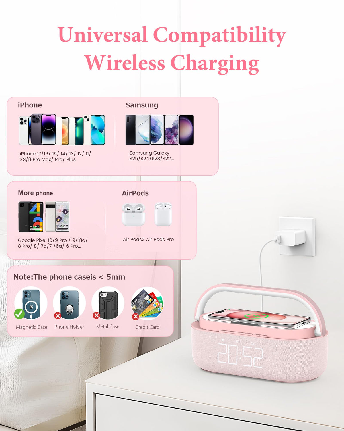 Colsur pink 6-in-1 alarm clock blends style with function.