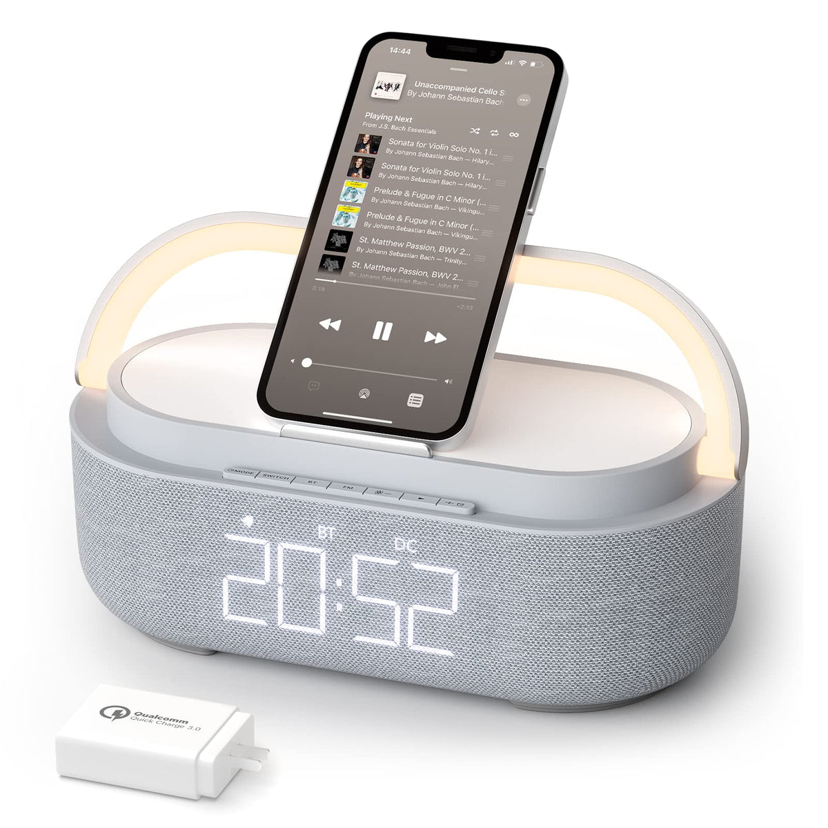 COLSUR Bluetooth speaker alarm clock front view with wireless charger for bedside convenience