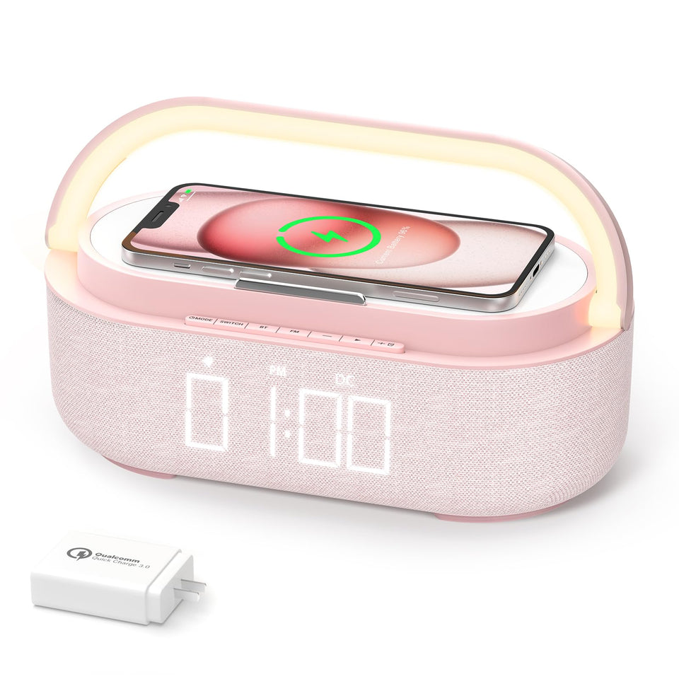 Colsur pink front view clock with wireless charging for bedside devices.