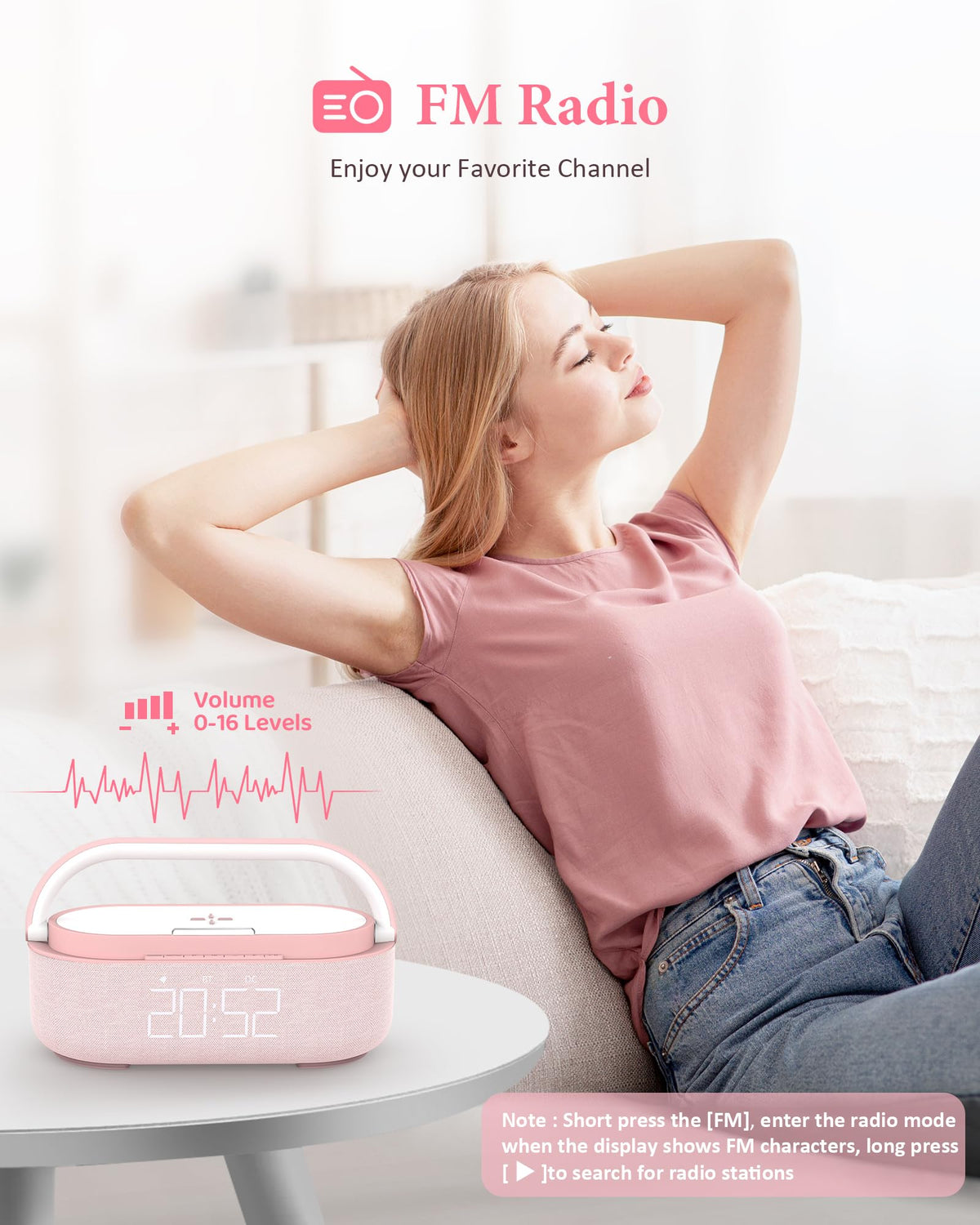 Colsur pink compact FM radio view for kitchen or desk.