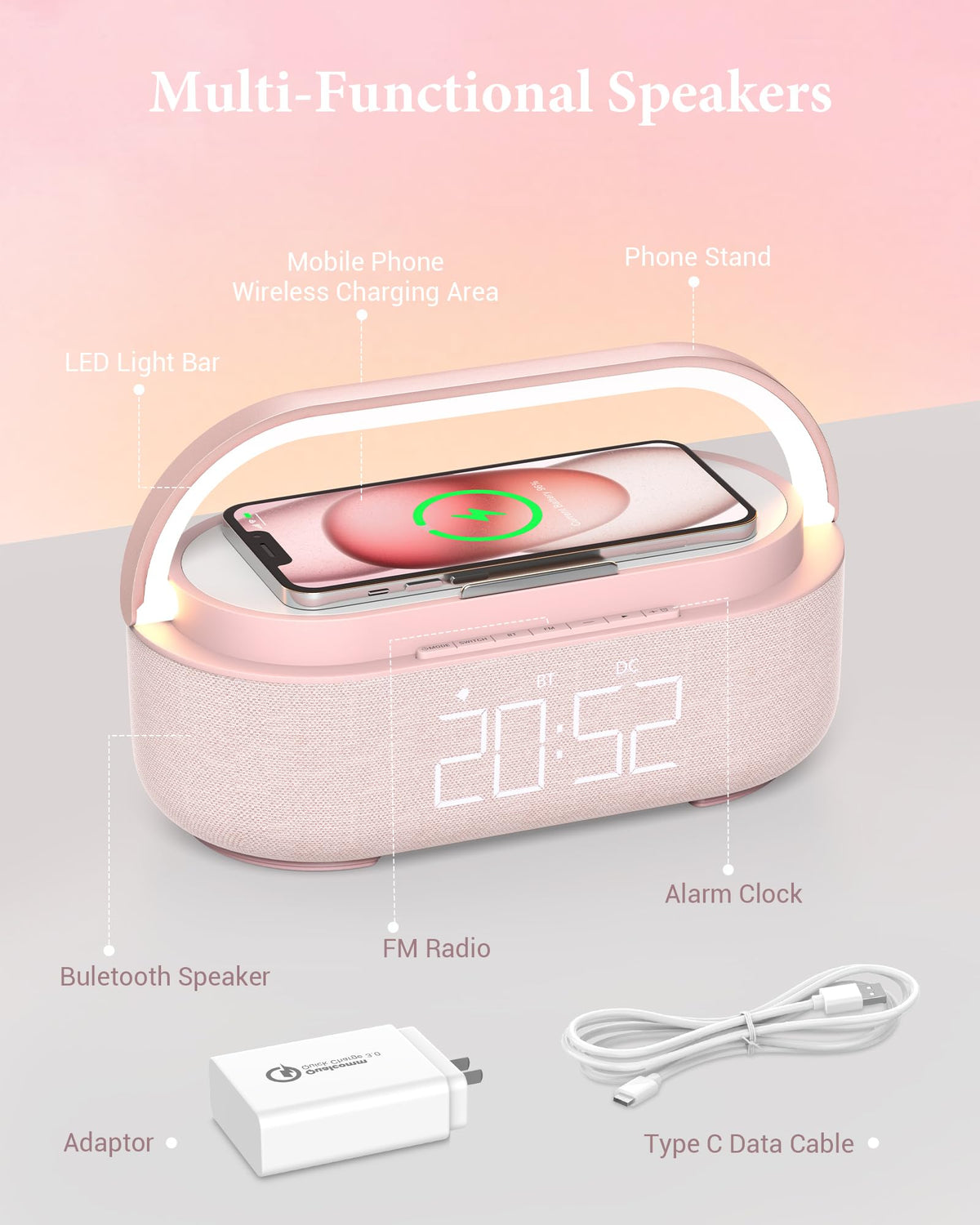 Colsur pink bedside stand with built-in phone holder for easy viewing.