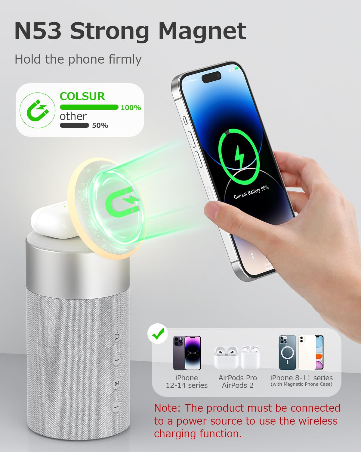 COLSUR speaker with night light active, provides soft bedside glow