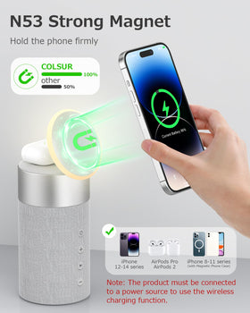 COLSUR speaker with night light active, provides soft bedside glow