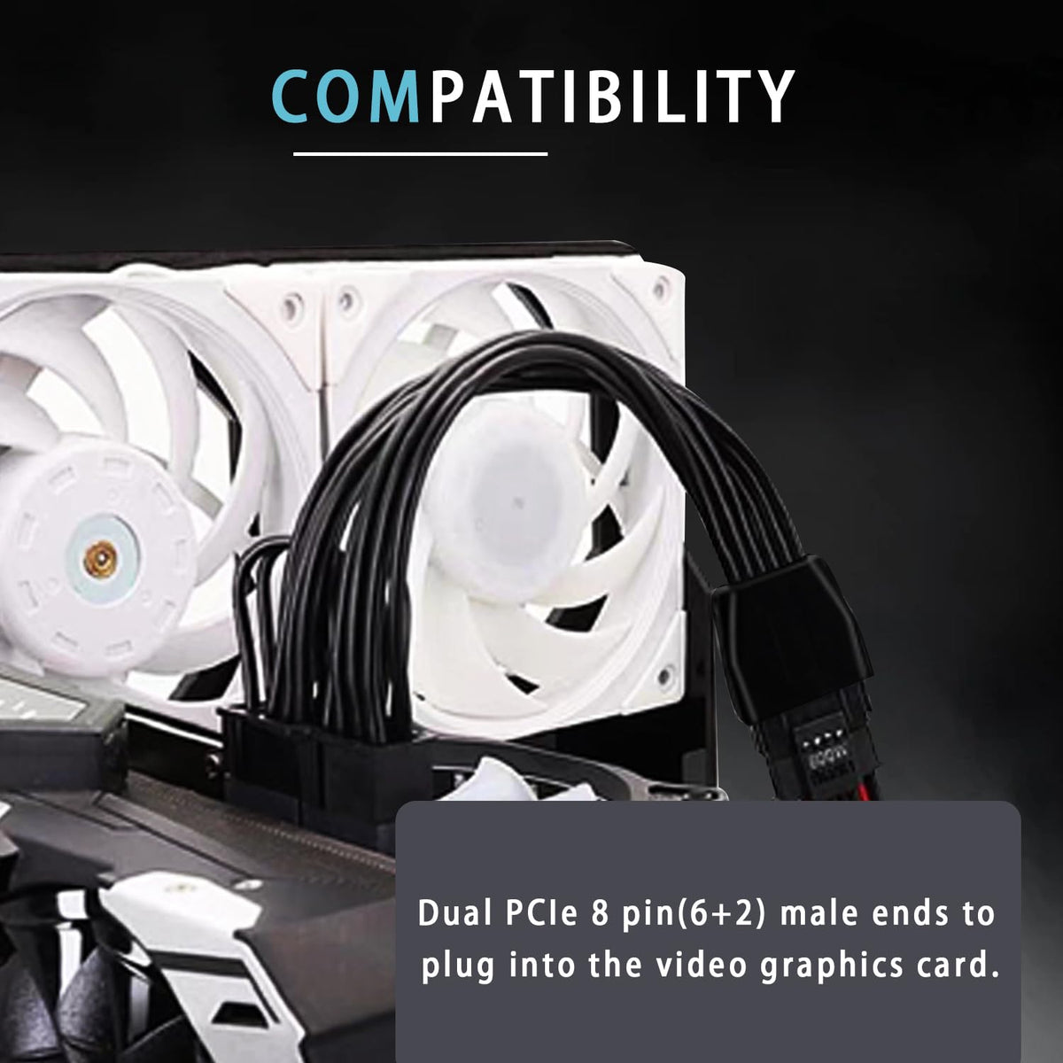 The 16-pin female to dual 8-pin male ends enable PCIe power conversion.