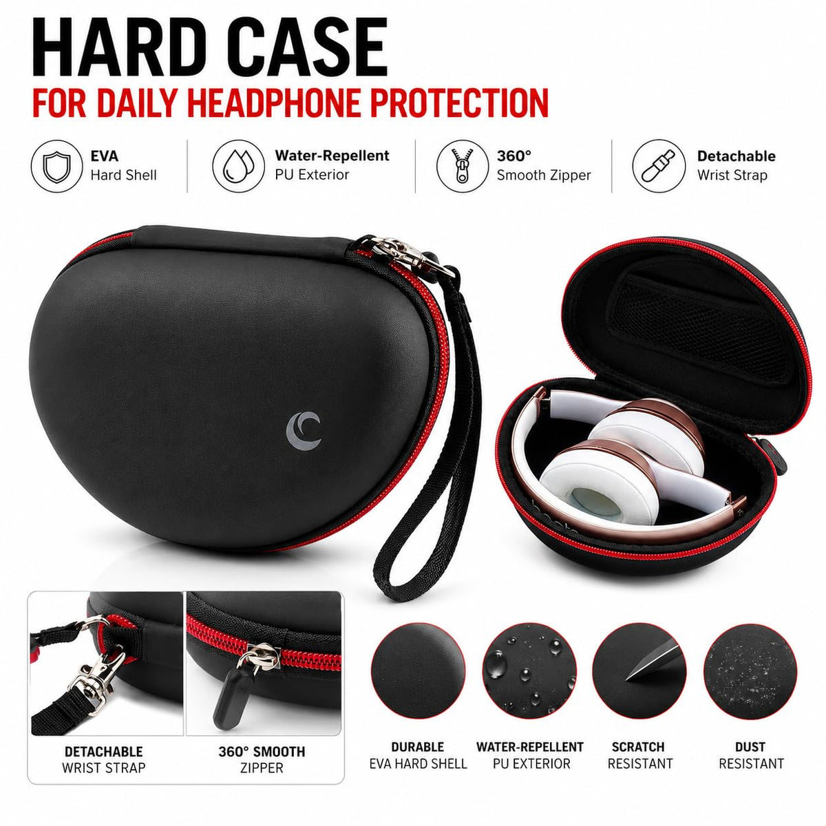 Comecase 360-degree zipper offers smooth access to folded headphones.