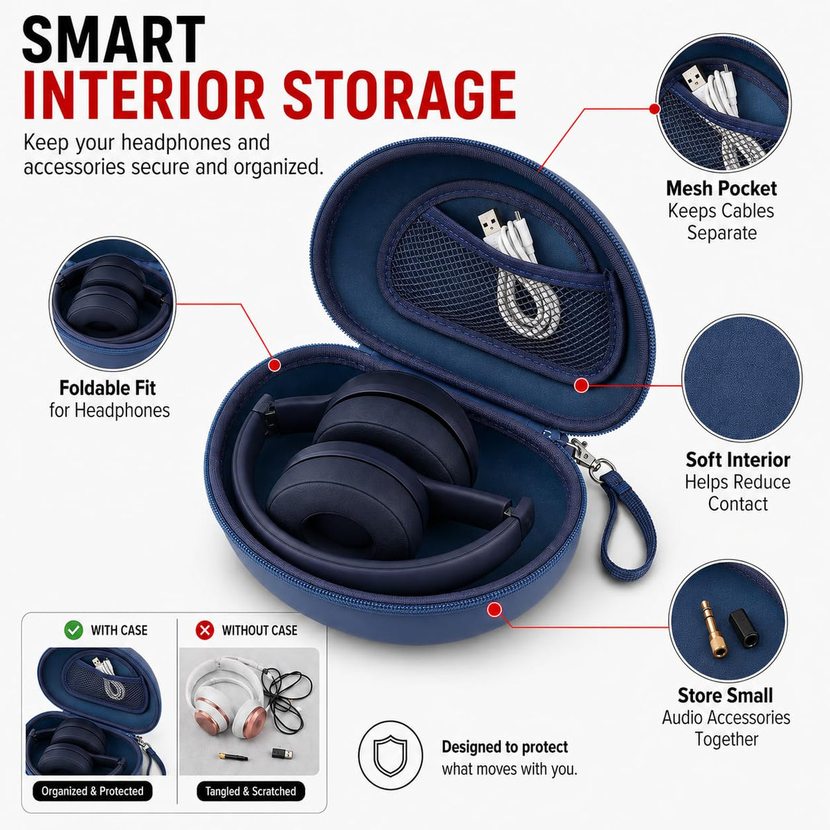 Inside mesh pocket in blue Comecase keeps cables organized with headphones