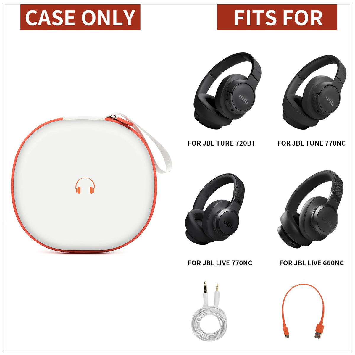 Comecase interior adjustable dividers keeping JBL headphones and cables separated safely