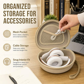 Comecase with headphones inside size comparison showing roomy fit and safe storage