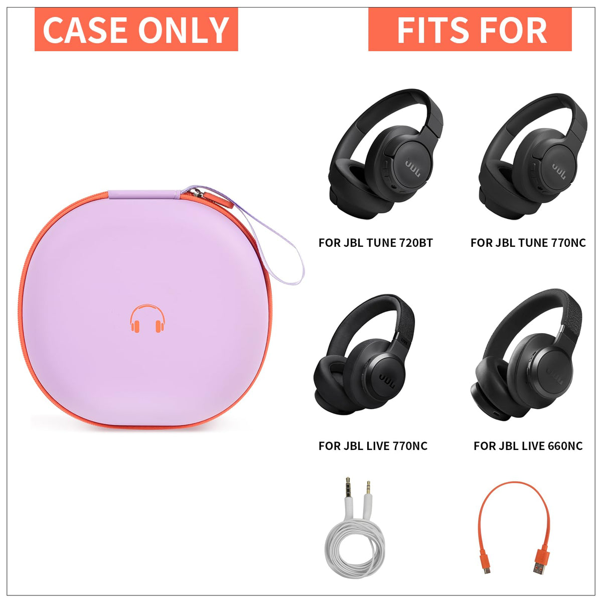 Comecase Tune 710BT purple hard case with adjustable dividers keeps cables organized