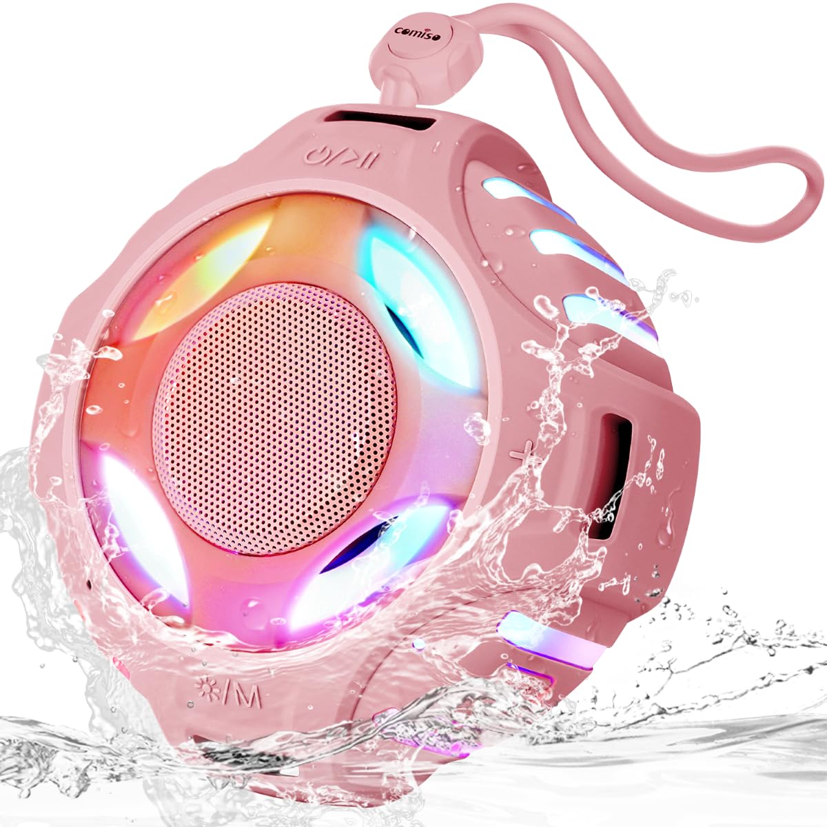 Comiso Bluetooth Shower Speaker front view showing compact design for travel and shower music