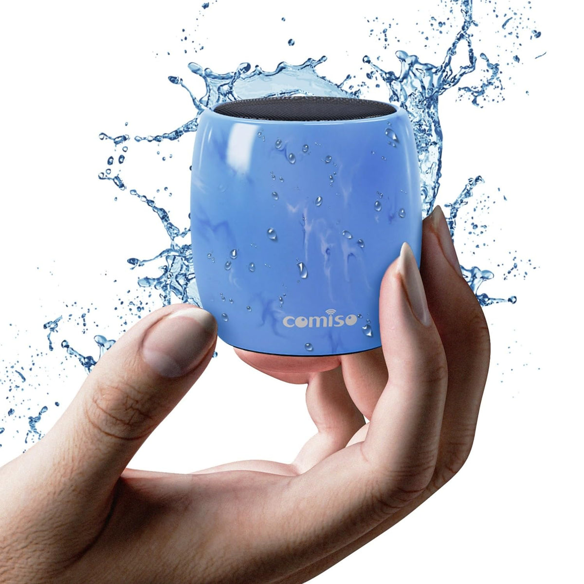 Comiso C17A mini speaker, side view, highlights compact design and punchy bass for travel.