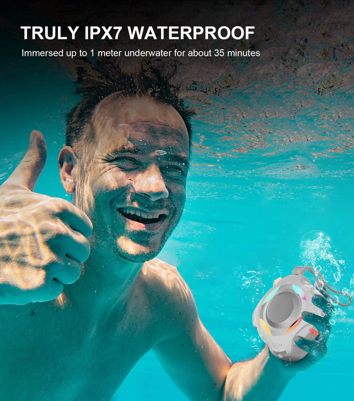 comiso floating in pool demonstrating IPX7 waterproof floatability benefit