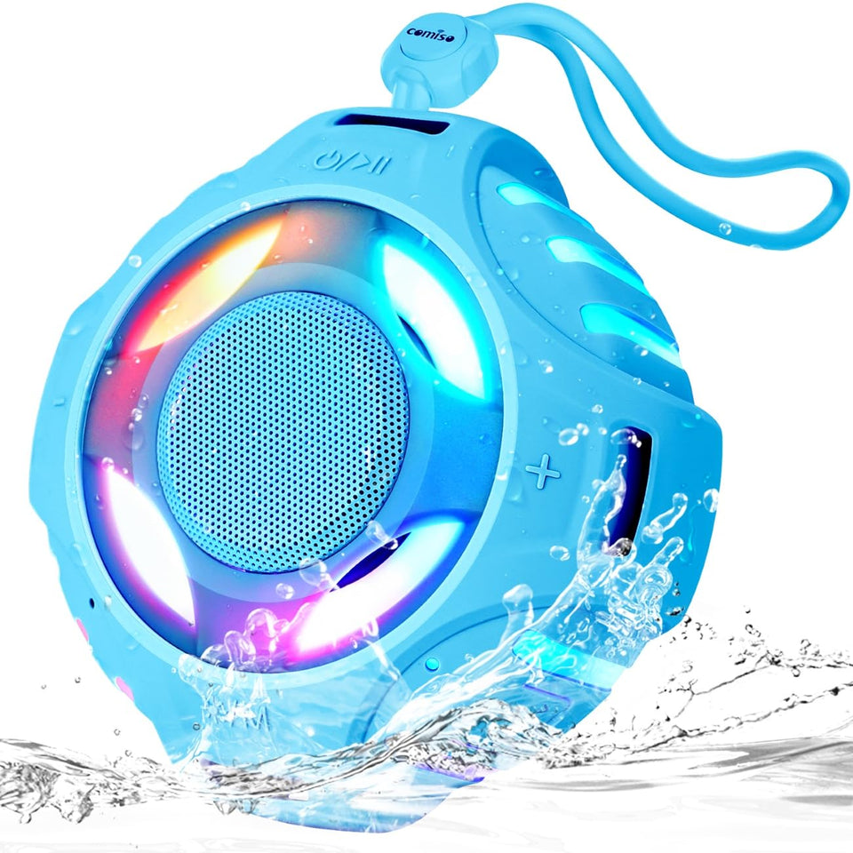comiso front view showing speaker and packaging, highlights portability and features