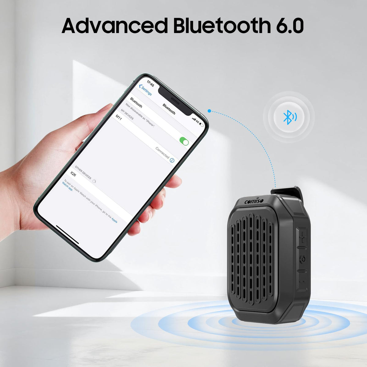 comiso IPX7 waterproof Bluetooth speaker with splash resistance.