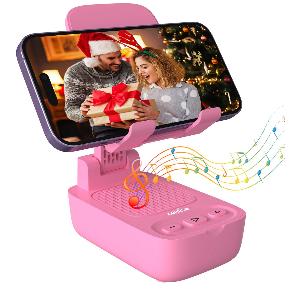 Comiso phone stand with wireless speaker pink front view for hands-free use