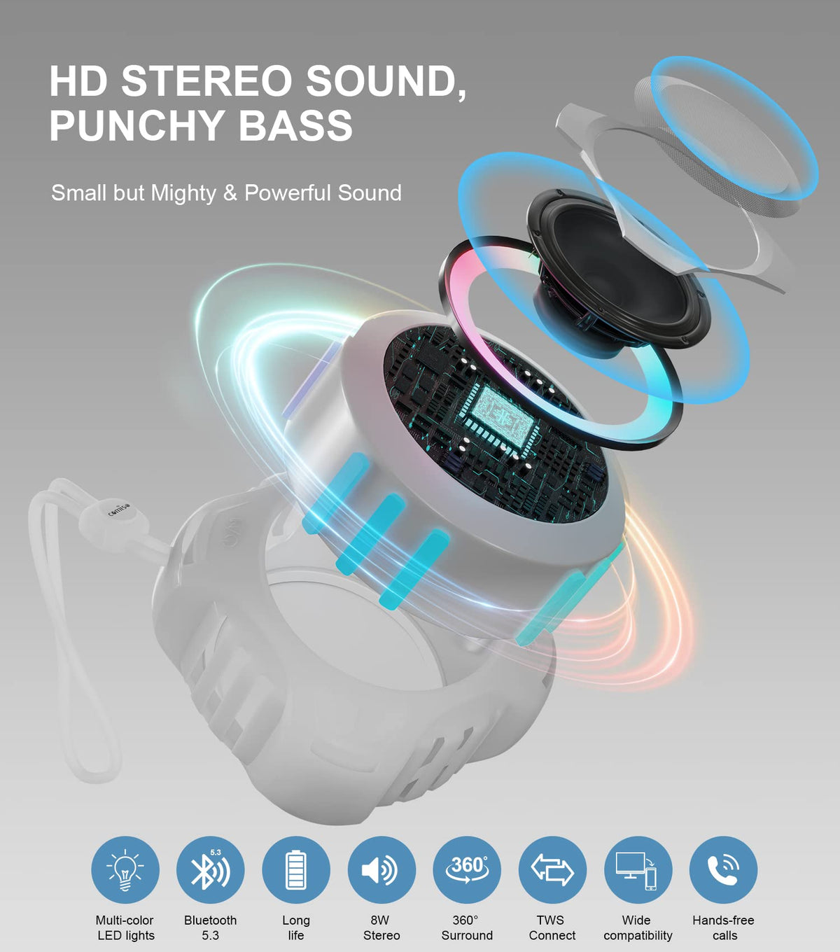 Comiso speaker LED light show enhances party ambiance.