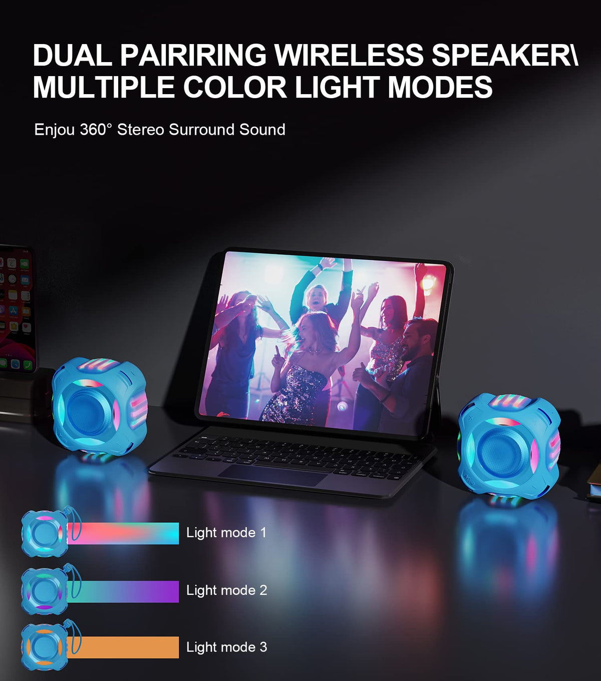 comiso two speakers playing on beach, shows TWS stereo and wider sound