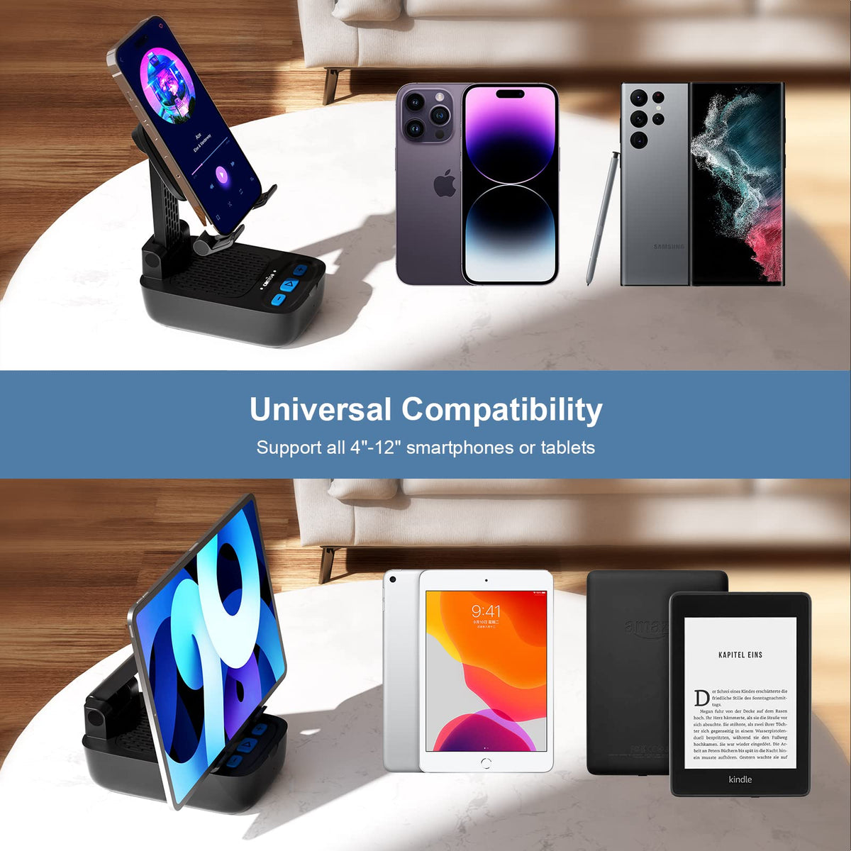 COMISO tilting phone stand enables comfortable viewing angles.